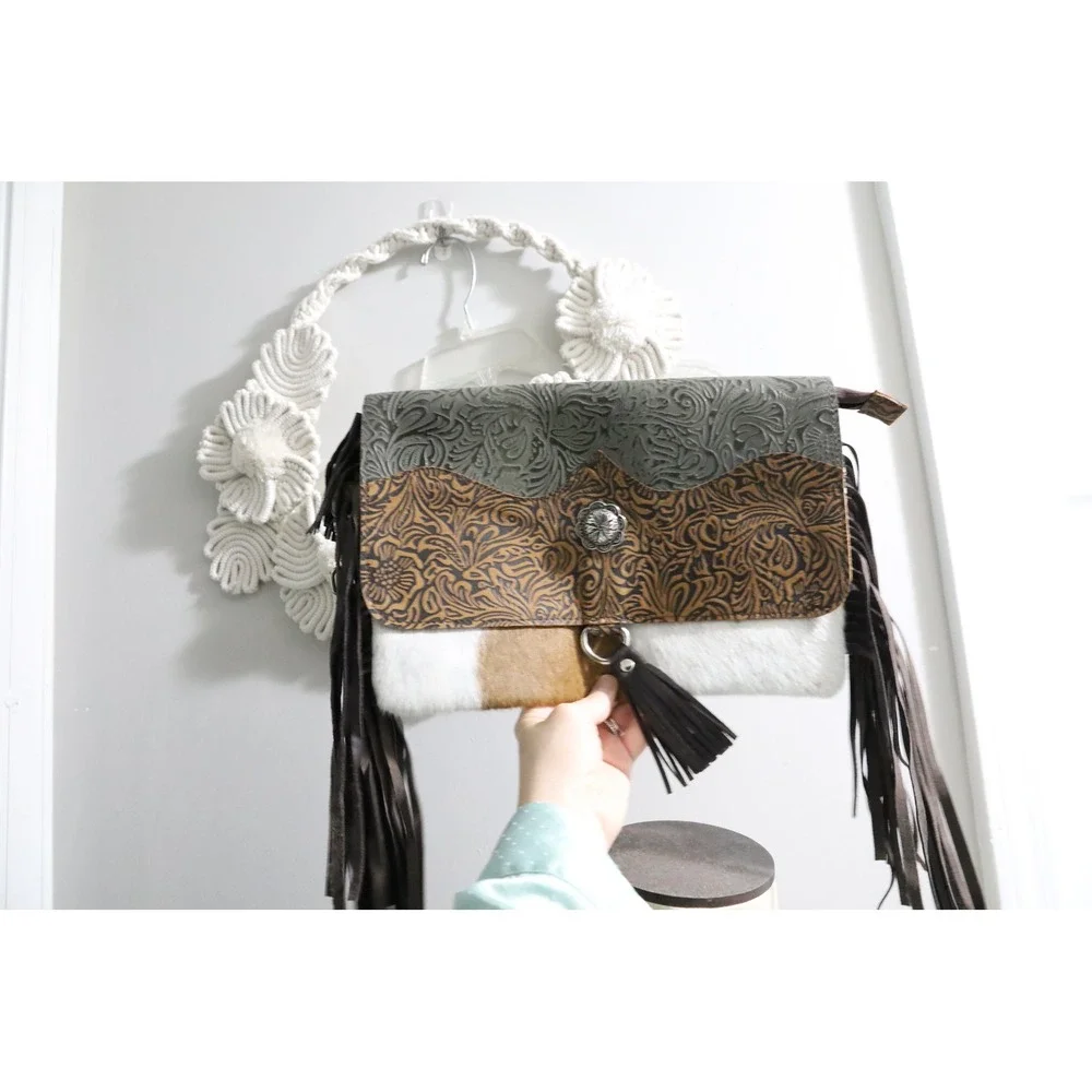 Western Tooled Leather Hair-on-Hide Fringe Clutch Bag Brown Gray Concho